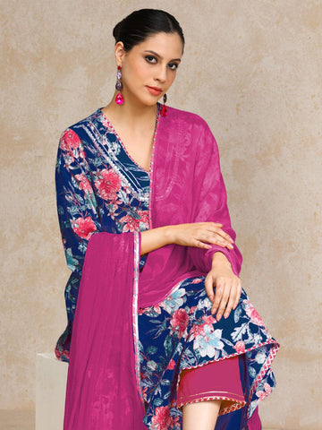 Varanga Women Floral Printed Boho Look Flared Sleeve Kurta With Trouser & Dupatta